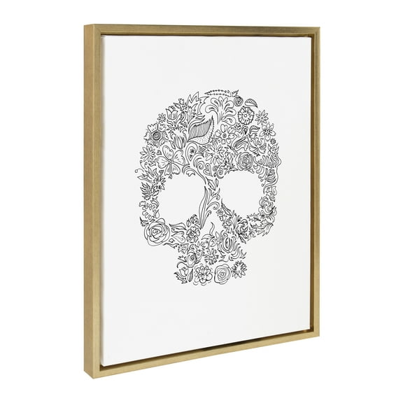 Kate and Laurel Sylvie Skull Print Framed Canvas Wall Art by Viola Kreczmer, 18x24 Gold, Black and White Floral Art for Wall