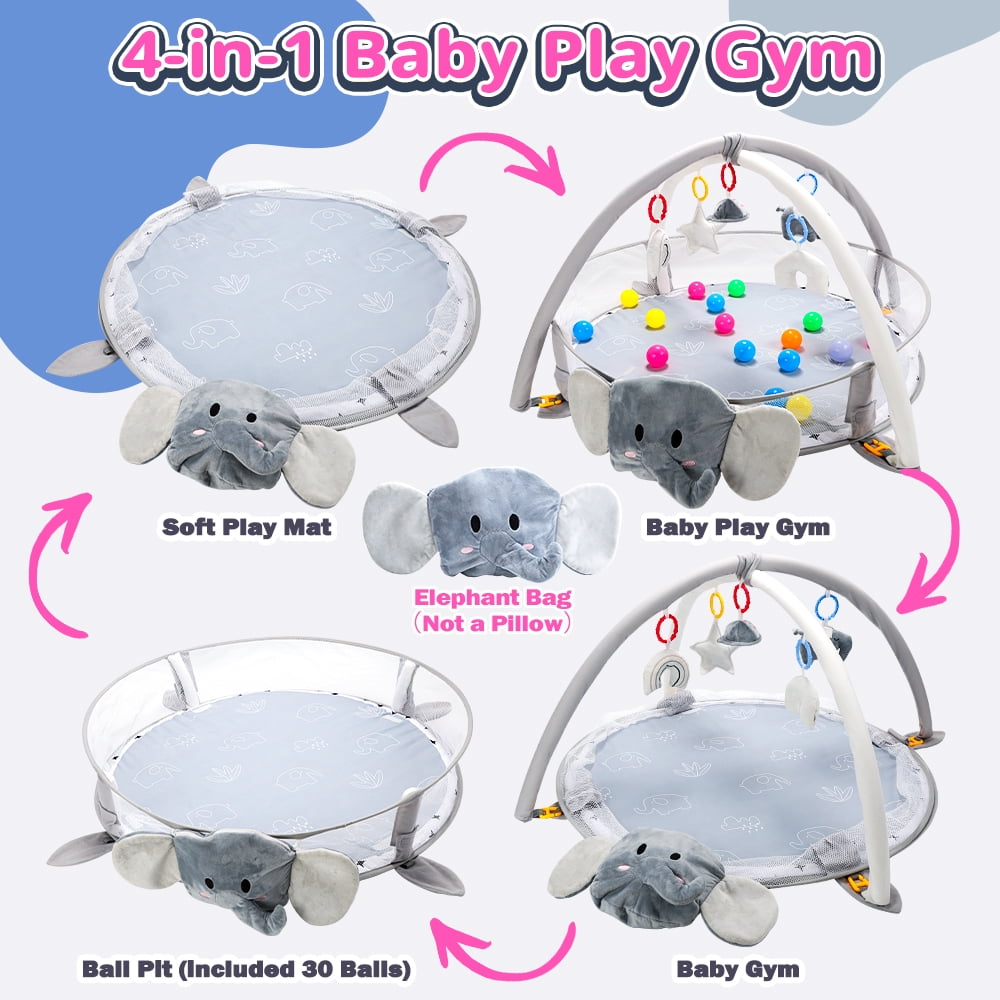 JoyStone 5-in-1 Elephant Baby Gym Play Mat with 30 Balls, Tummy Time Toys, Sensory Mat for Infants 0-12 Months