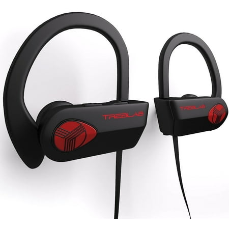 TREBLAB XR500 Bluetooth Headphones, Wireless Earbuds for Sports, Running or Gym Workout. IPX7 Waterproof, Sweatproof, Secure-Fit Headset. Noise Cancelling Earphones w/ Mic (Black-Red)
