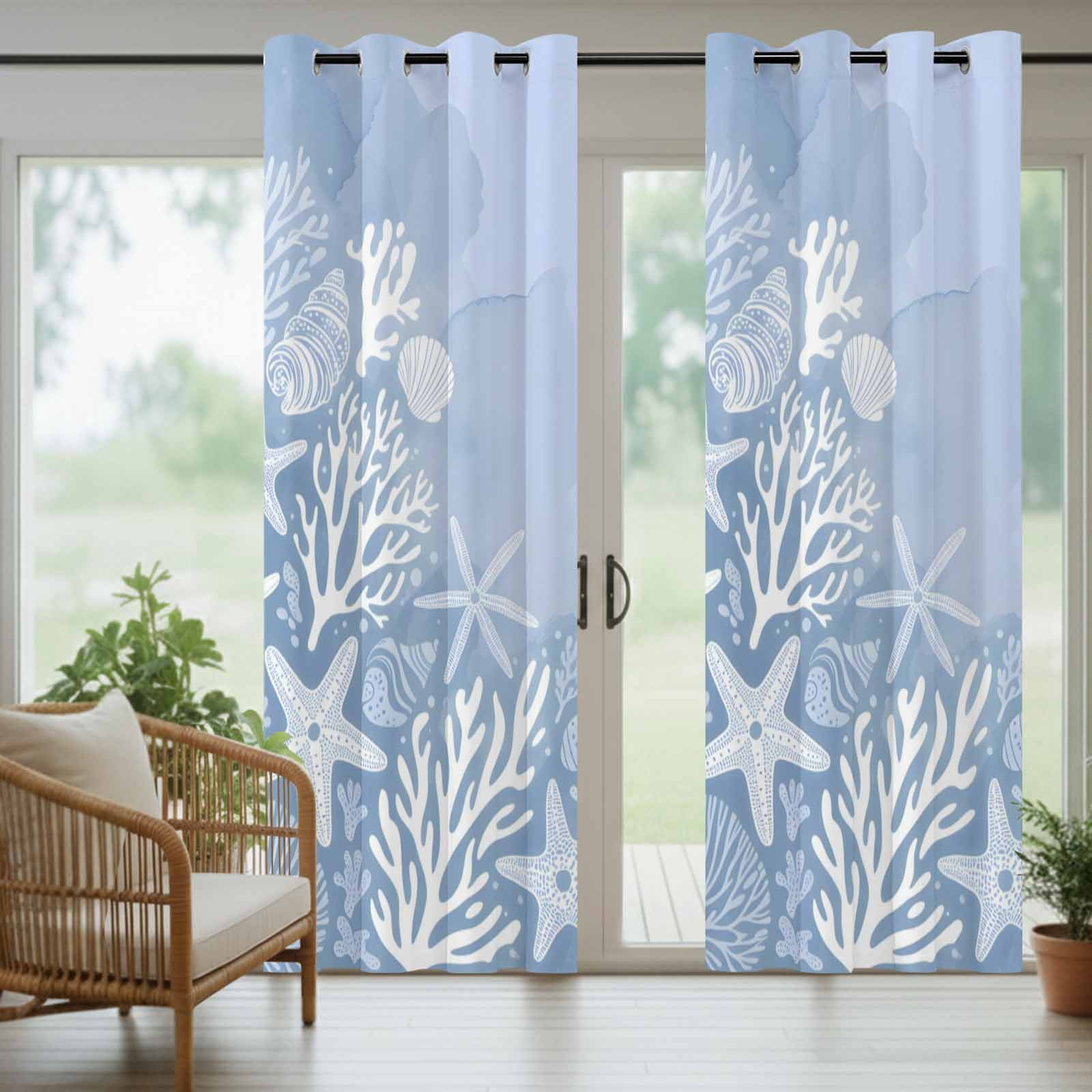 Ocean Coral Outdoor Curtains for Patio, Summer Sea Star Coral Shell Purple Sunshade Privacy Drapes Grommet Waterproof Outside Curtains for Porch/Cabana/Balcony 54"x 108", 1 Panel