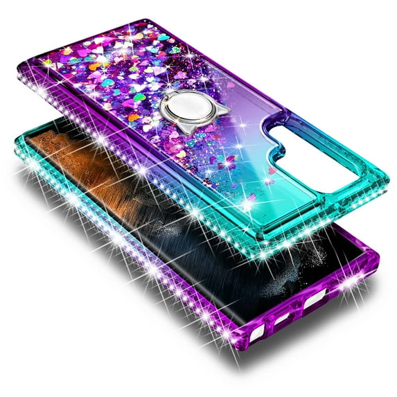 Compatible with Samsung Galaxy S23 Plus Case(6.6 Inch), Girls Women Bling Liquid Floating Glitter Cute Case with Tempered Glass Screen Protector, Ring Holder & Wrist Strap