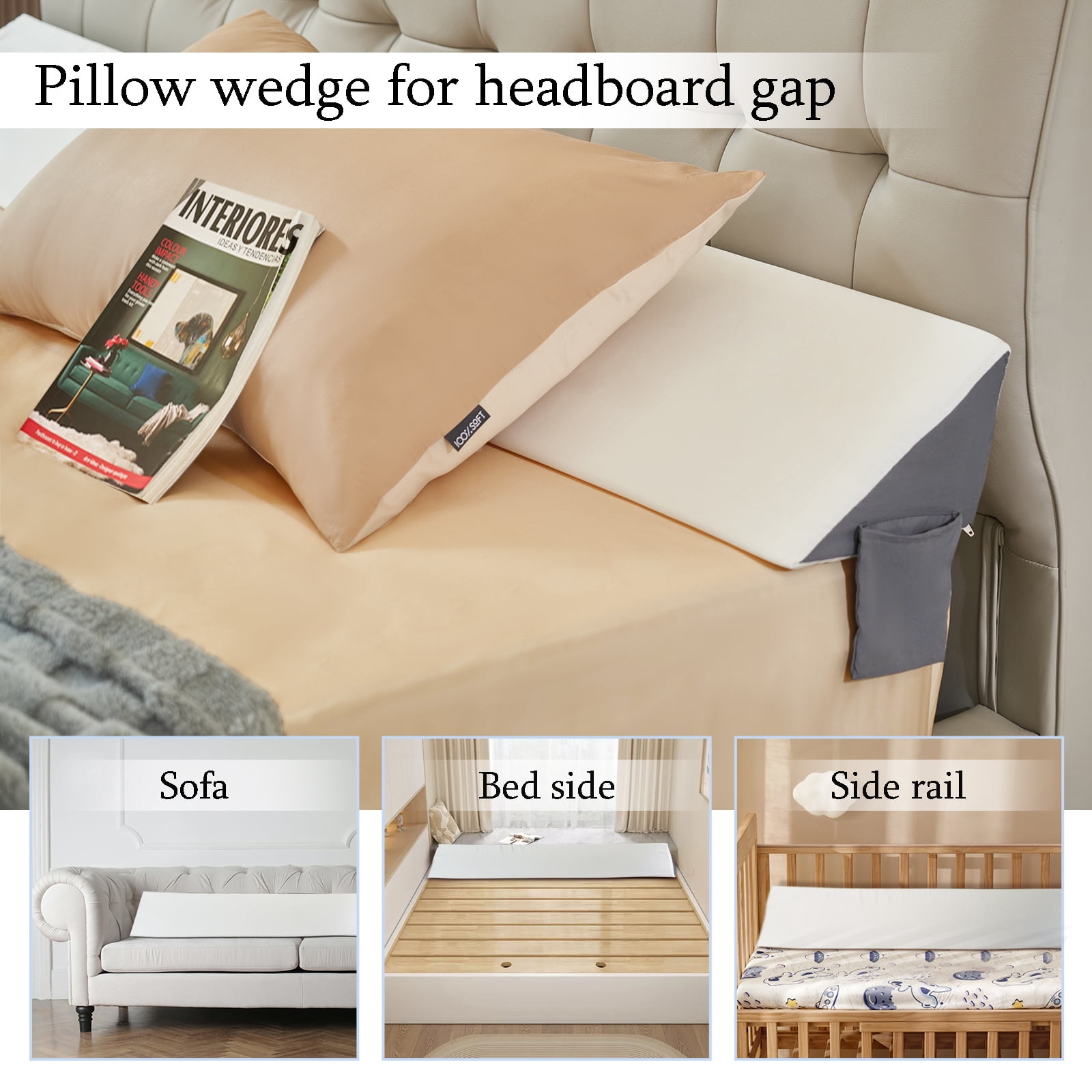 Jakoola Bed Wedge Pillow For Headboard Mattress Wedge Gap Filler Queen（60"X 8"X 6") With 2 Large Pockets