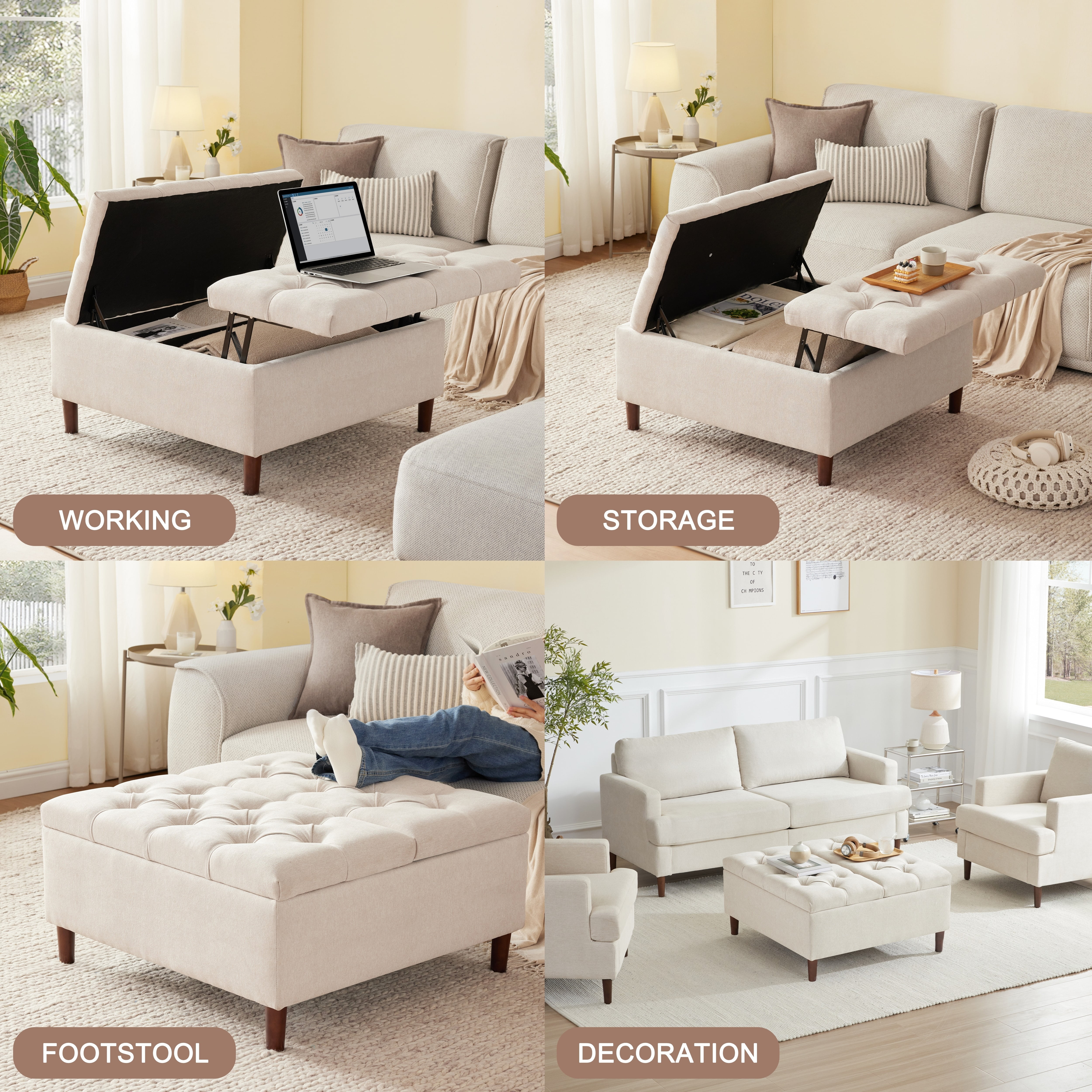 WETURE 35" Tufted Ottoman Coffee Table with Storage, Beige