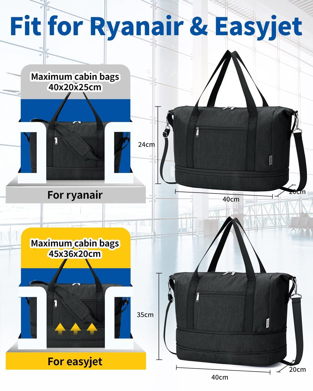 Travel Duffel Bag for Spirit Airlines Personal Item Bag 18x14x8 Underseat Carry on Cabin Bags Underseat, Expandable Weekend Overnight for Women Men
