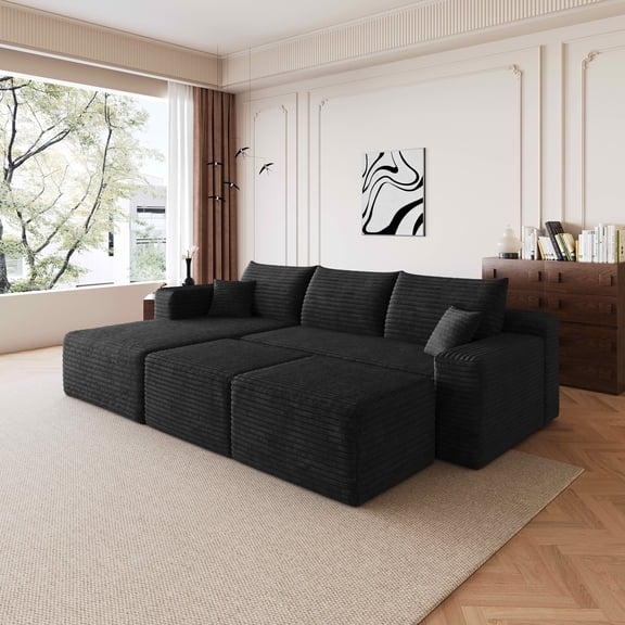 MAYEERTY 95" Cloud Sectional Sofa with 2 Ottomans, U-Shaped Corduroy Deep Seat Couch, No Assembly for Living Room, Black