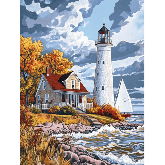 Autumn Lighthouse and Coastal House Canvas Wall Art， Perfect for Living Room， Bedroom， Office， Dining Room， and Kitchen Decoration.