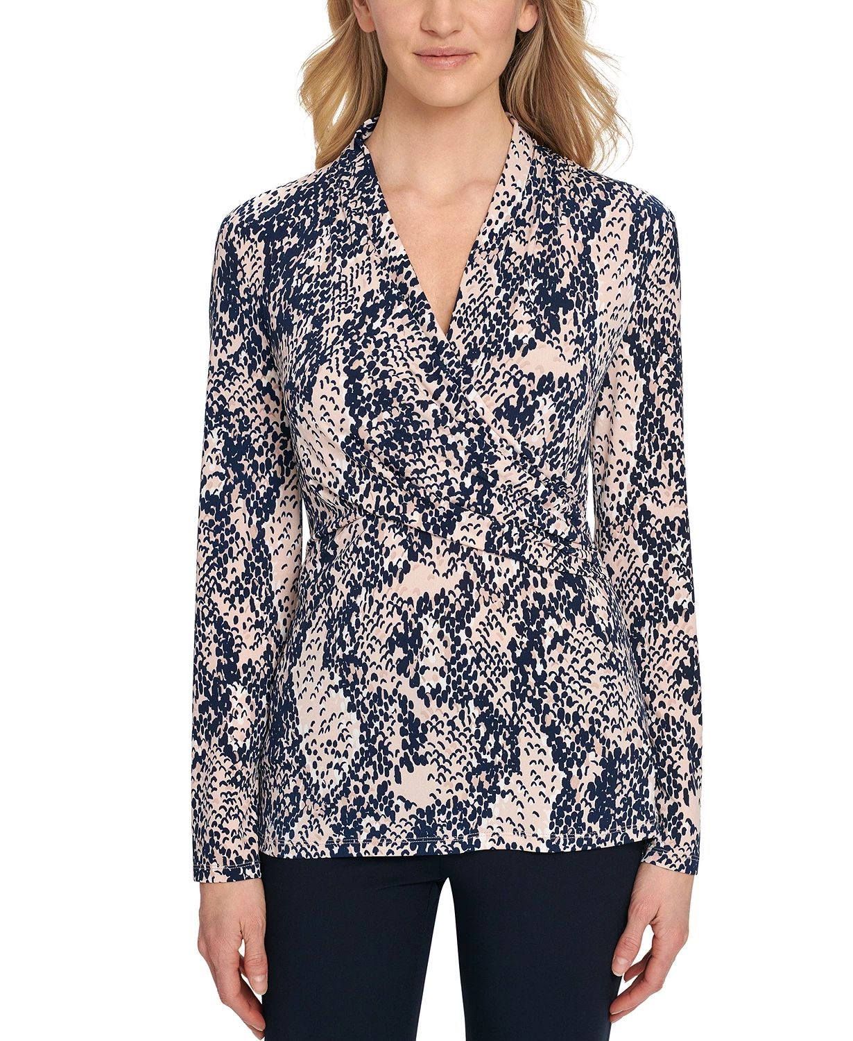 DKNY Womens Blouse Blue Faux-Wrap 