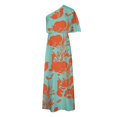 thumbnail image 4 of TMOYZQ 50 % de Rabais Été! Robe Longue Maxi à une Épaule pour Femmes, Ourlet Fendu, Imprimé Floral, Manches Courtes Évasées, Coupe Ample Froncée, Robe de Cocktail, Robe de Soirée, Robes d'Invitée de Mariage, 4 of 5
