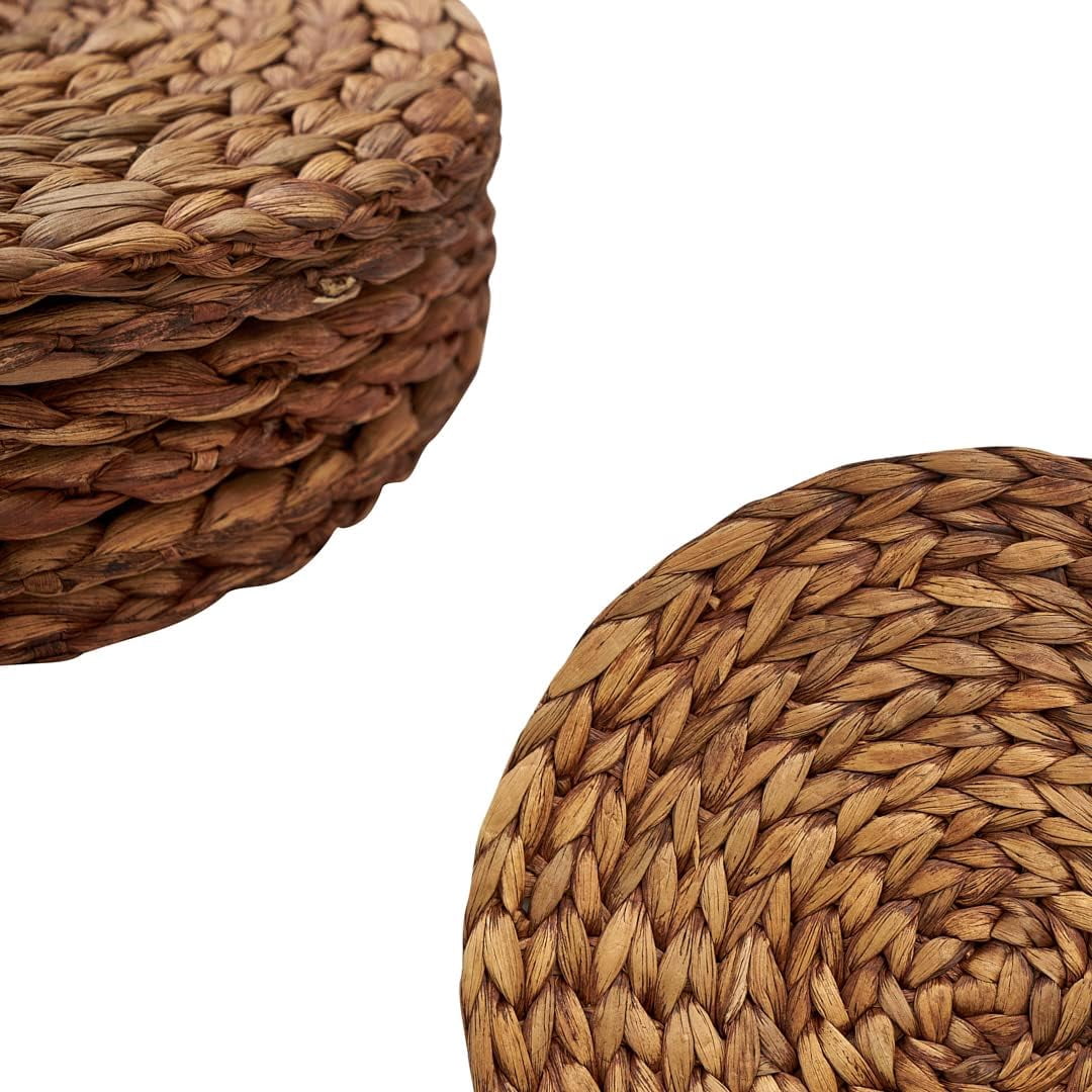 VASGOR 12" Brown Woven Placemats Round Set Of 6 - Natural Water Hyacinth Weave Placemat for Dining Table, Large Handmade Placemats Heat Resistant Non-Slip