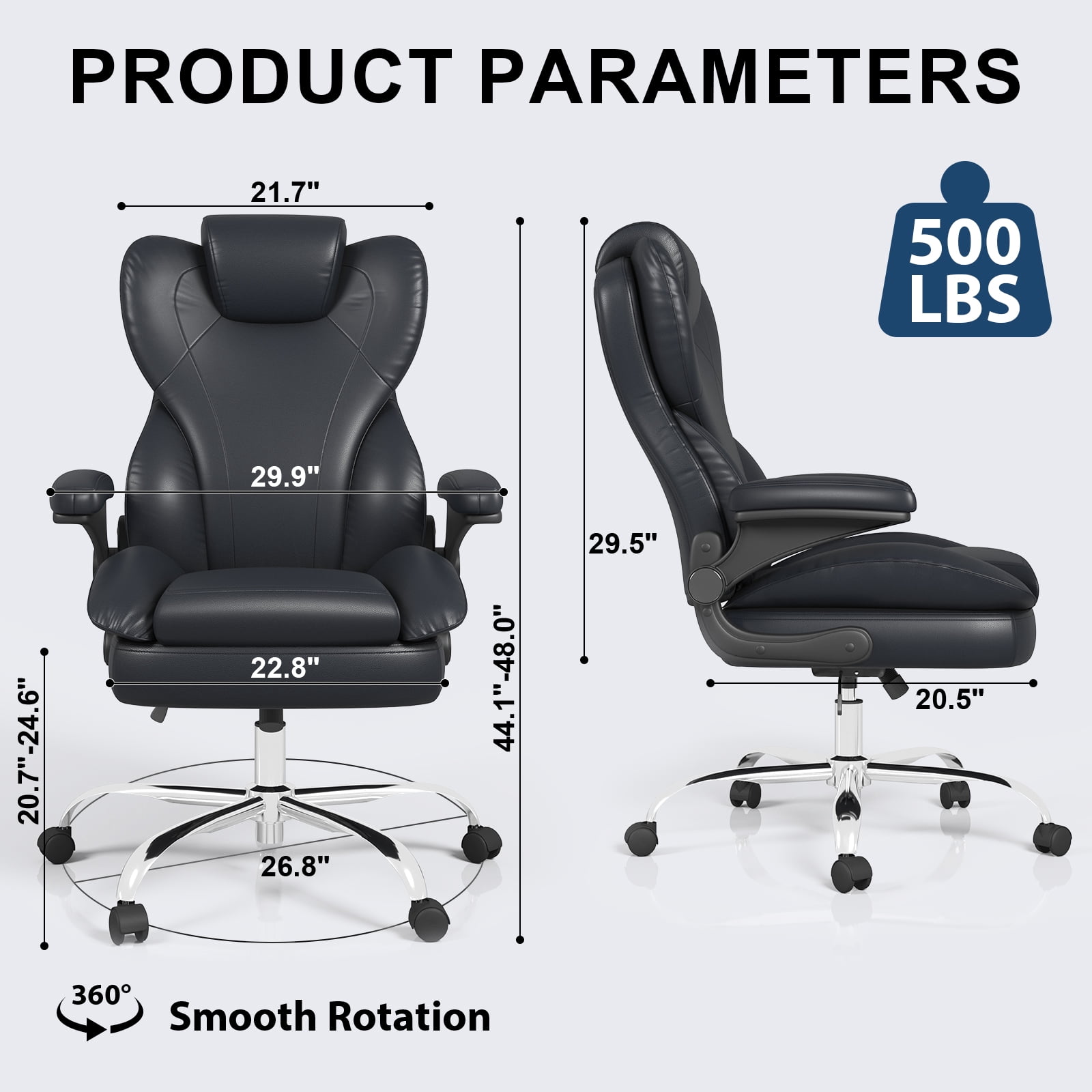 Hovos Big and Tall Office Chair with Flip-up Arms, Ergonomic Home Computer Desk Leather Chair, 360° Swivel Computer Desk Chair, Quiet Nylon Wheels, Black