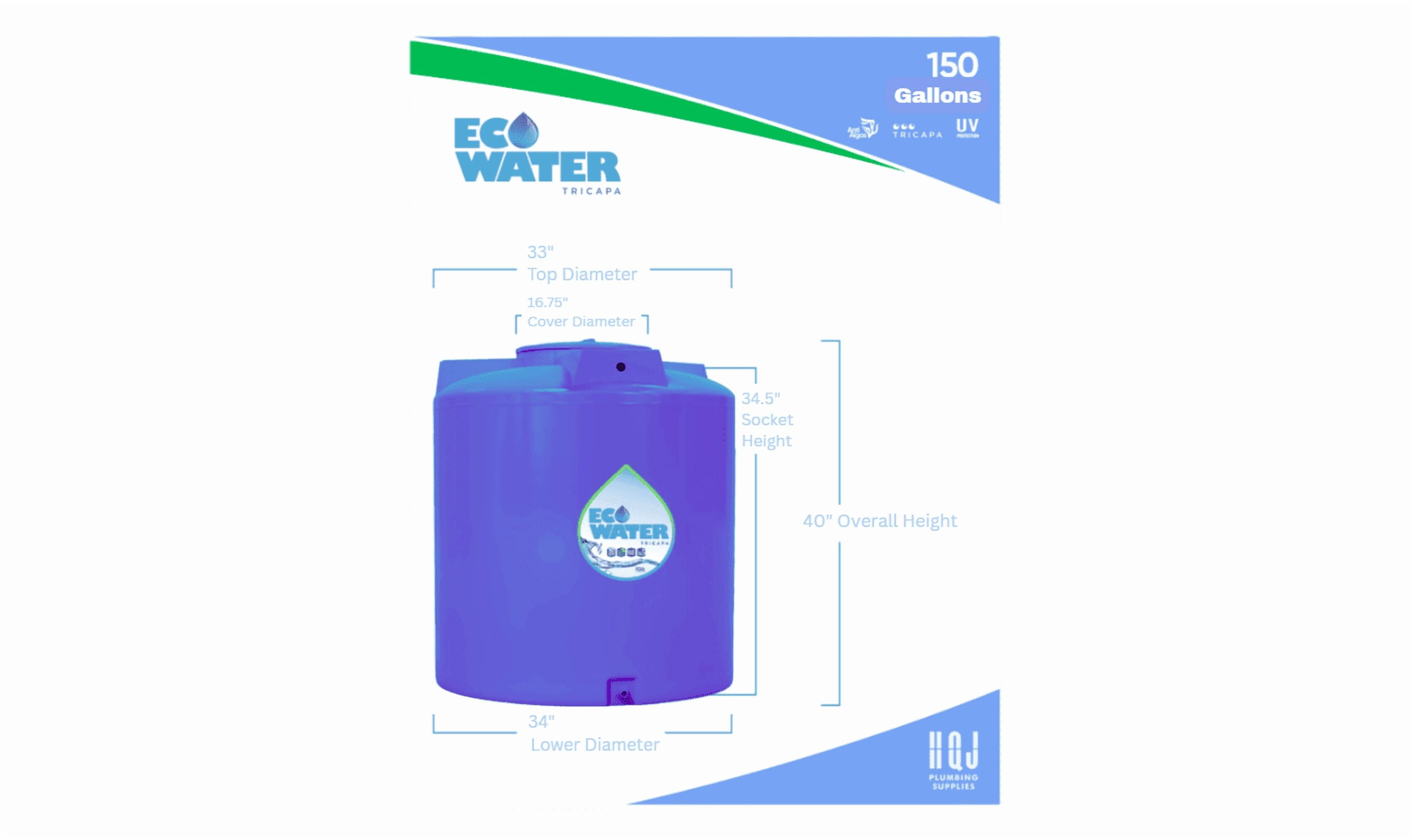 Eco Water 150 Gls Water Tank, Blue Color, Weight In 1245 pounds Full
