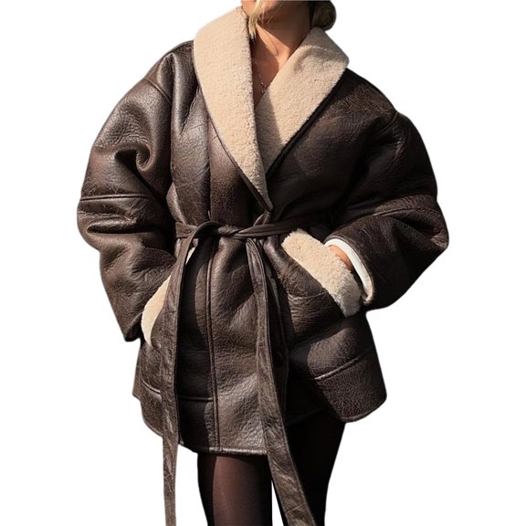 Female Faux Leather Jacket with Faux Fur Collar, Winter Long Sleeve Furry Trim Peplum Parka Coat with Belt Brown S