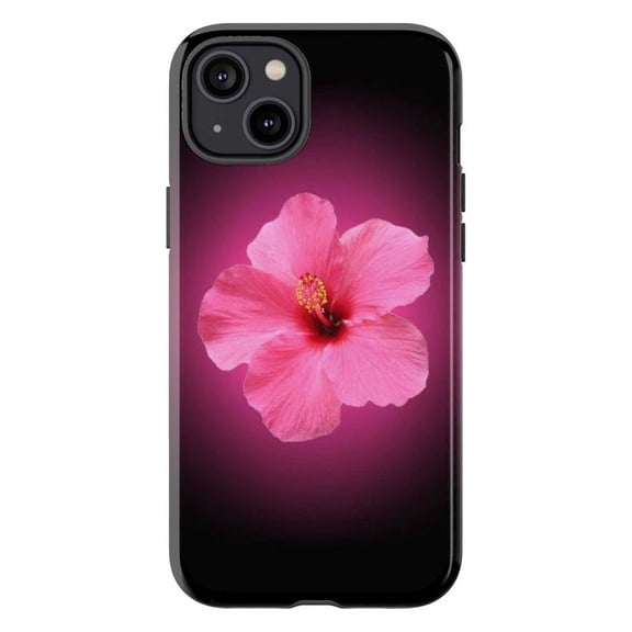 Pink Hibiscus Flower Phone Case, Vibrant Floral Glow Design on Black Background, Slim Protective Cover for iPhone 16 15 14 13 12 Pro Max Mini