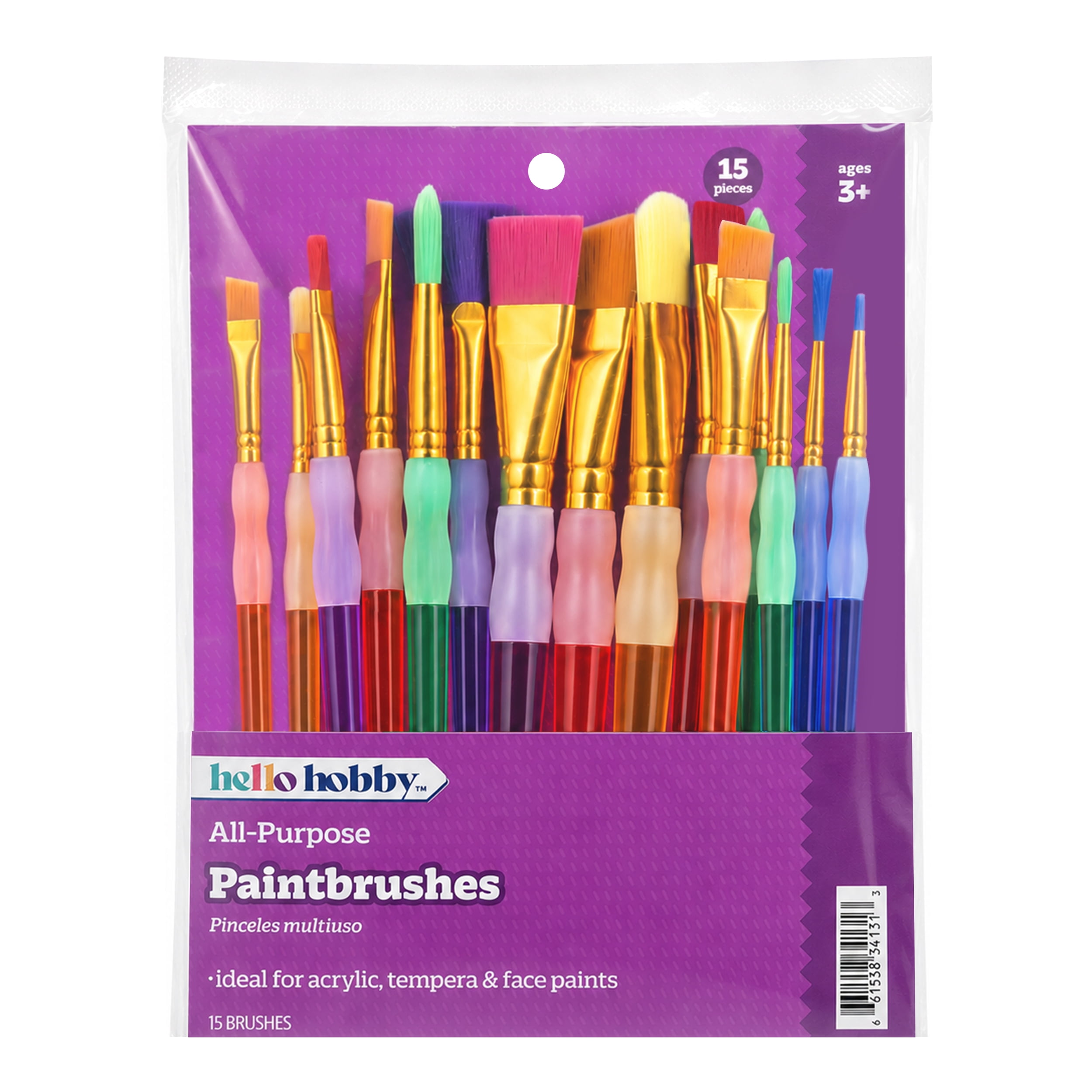 Hello Hobby Synthetic Bristle Art Brush Set with Easy-Grip Handles, 15 Pieces