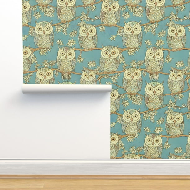 Peel & Stick Wallpaper 12ft x 2ft Antique Owls Forest Woods Birds