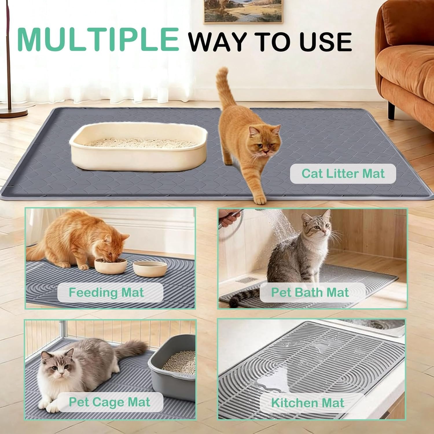 Litter Mat 34x22 Inch, Large  Litter Box Mat for Floor Protection,  & Non-Slip, Soft for  Paws, Easy to Clean, Leak-Proof Edge, Gray
