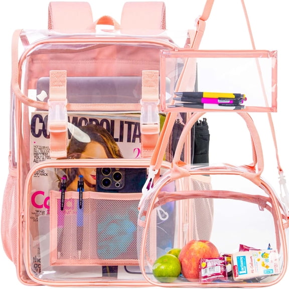 17" Flip Top Clear Backpack for Girls, 3Pcs Stadium Approved Set, Waterproof Transparent Bookbag for Campus/School (Pink)