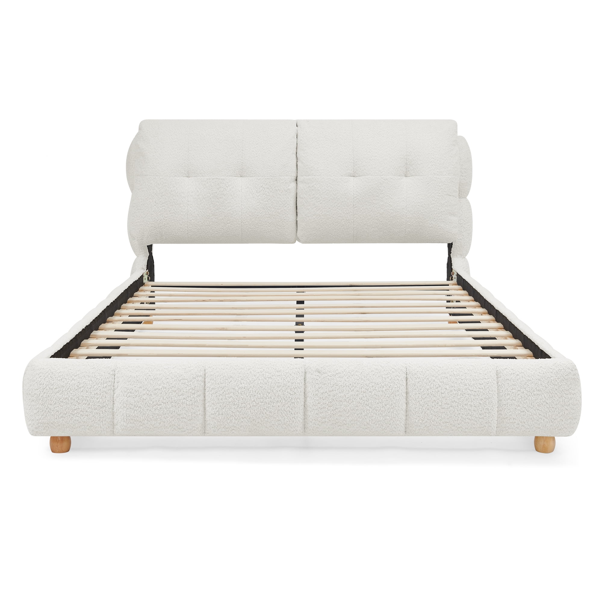 Queen Size Bouclé Fabric Platform Bed, Soft Cloud-Like Upholstered Frame, No Box Spring Needed