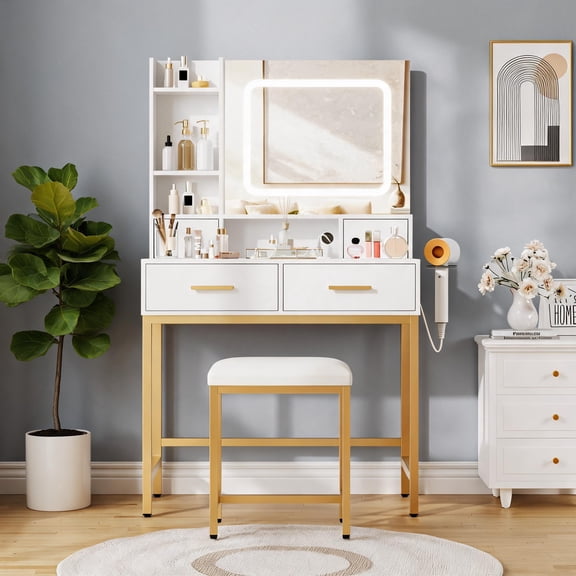 Makeup Vanity with Lighted Mirror, 4 Drawers, 2 Shelves, 3-Mode Lighting and Built-in Charging Station