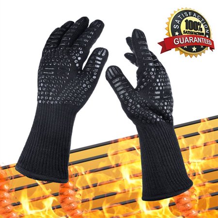 BBQ Gloves Extreme Heat Resistant Grill Gloves Anti-Slip Aramid Fiber Grilling Gloves 923°F 14  Long Oven Gloves Mitts for Outdoor Cooking Oven BBQ Grill - Black
