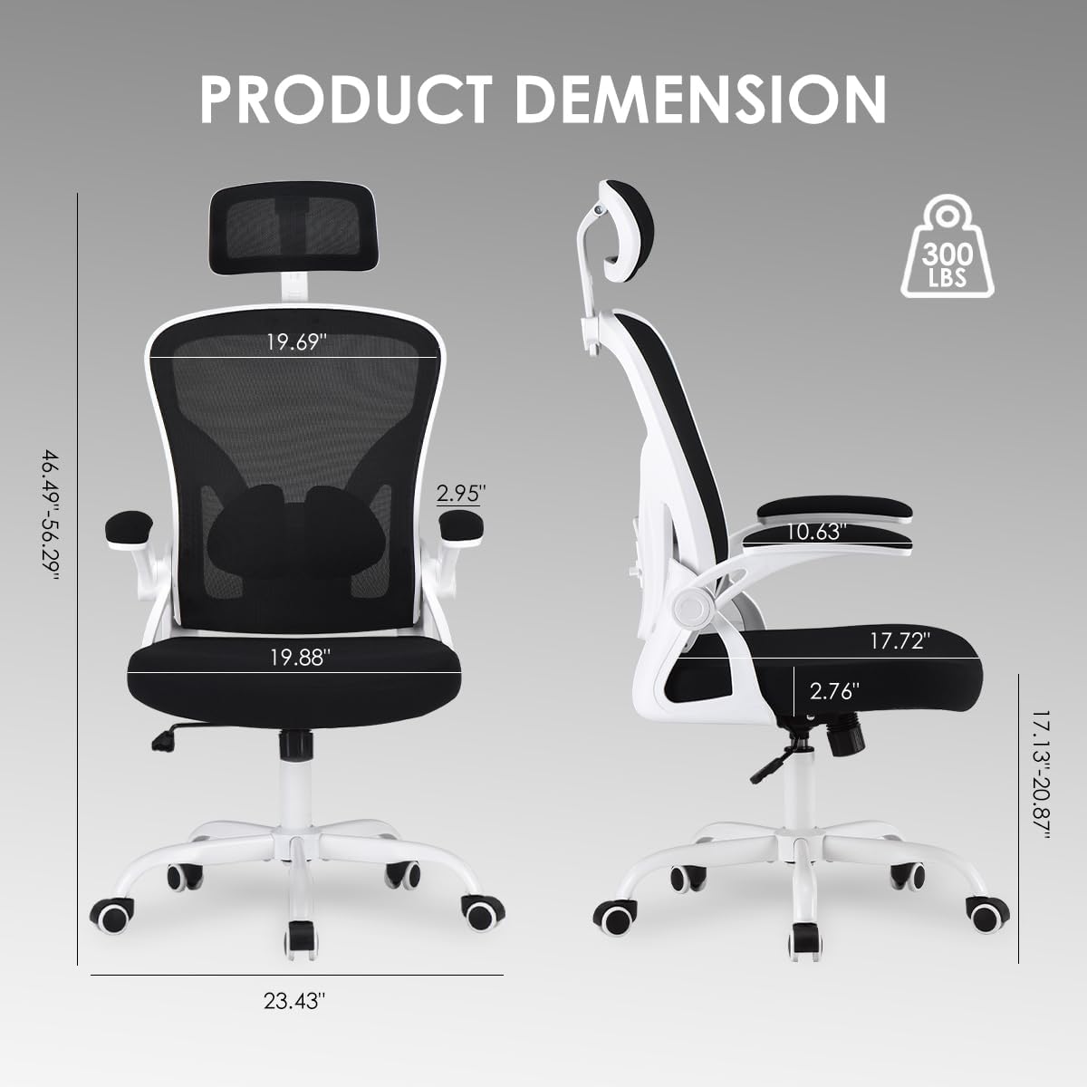 STARY Ergonomic Mesh Office Chair with Headrest, Tall Reclining Computer Chair with Adjustable Lumbar Support and Adjustable Arms for Home Office, White & Black