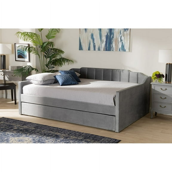 Baxton Studio Lennon Modern and Contemporary Grey Velvet Fabric Upholstered Full Size Daybed with Trundle