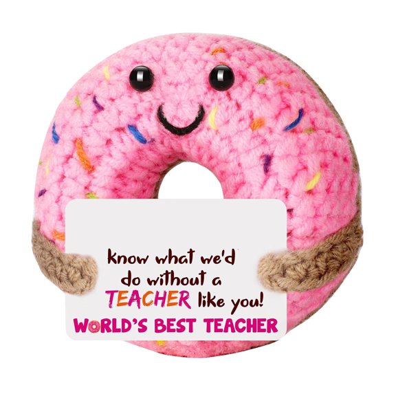 Cute Knitted Donut Plush Toy - Soft Stuffed Donut With Sprinkle Design, World's Best Teacher Message Card - For Teacher Appreciation, Classroom Decor, Desk Decor, Back To School