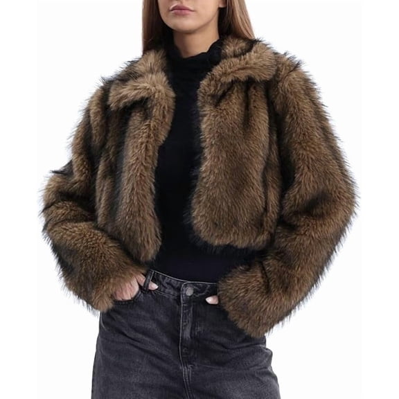 Women's Lapel Cropped Faux Fur Jacket Long Sleeve Short Furry Coat with Pockets 100% Polyester Warm Fluffy Winter Outerwear