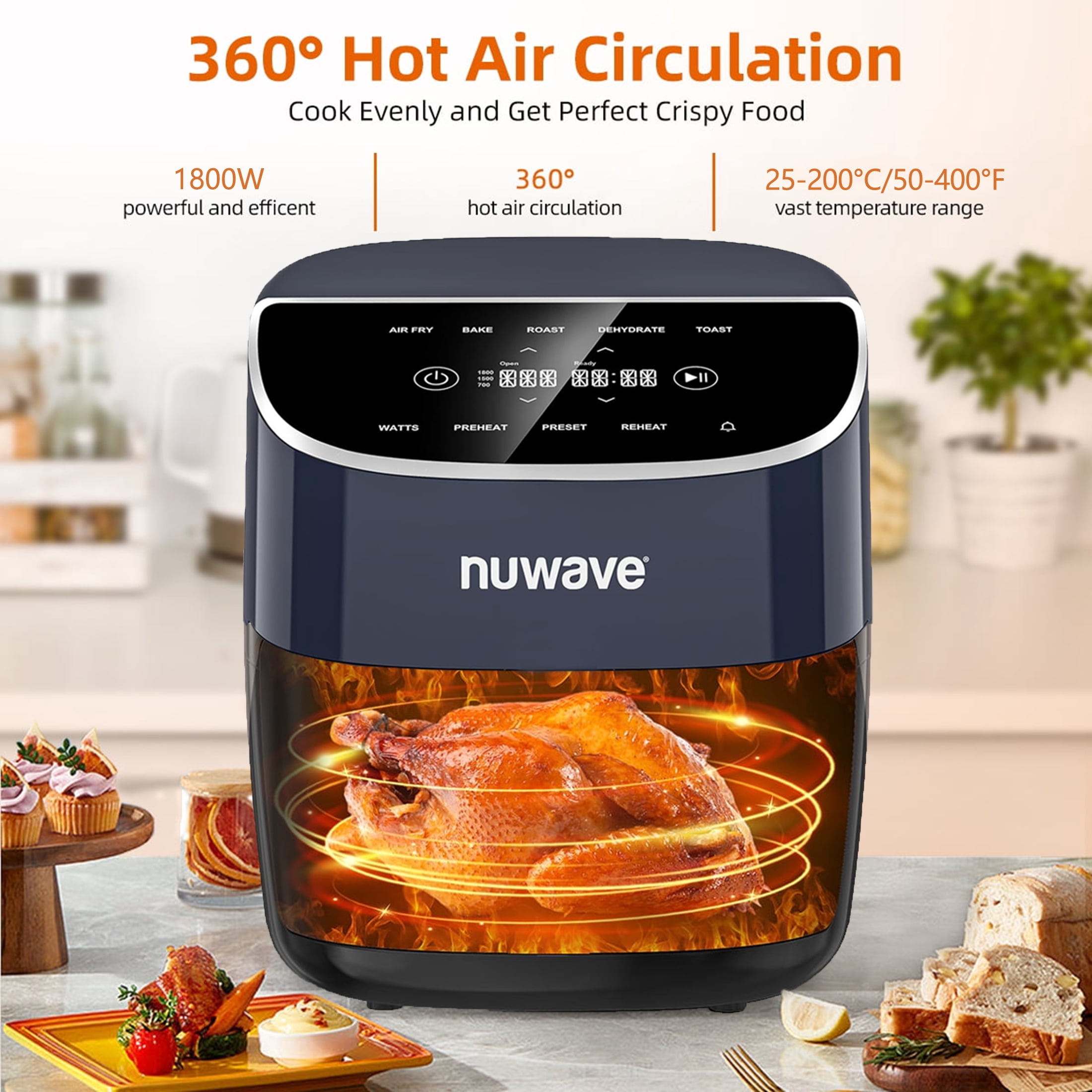 Nuwave Air Fryer Plus, 8QT Airfryer Smart Digital Touchscreen and 50°F~400°F in Precise 5°, 5 Cook Functions, 100 Presets & 50 Memory, Powerful 1800W for Quick and Easy Meals, Deep Blue