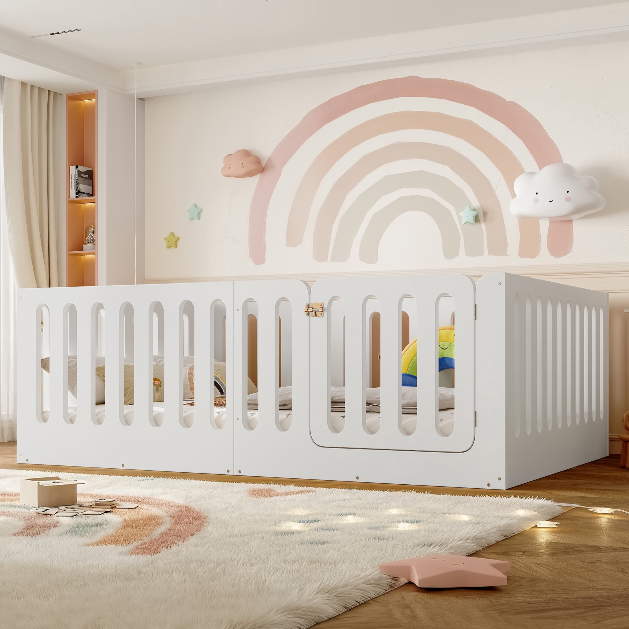 Noble House Full Size Montessori Floor Bed with High Fence, Solid Wood Kids Bed Frame, White