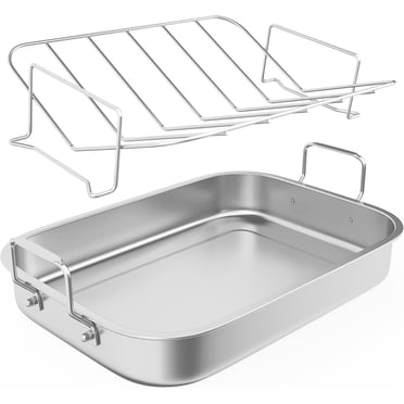 Sunvivi 15.6" Roasting Pan with V-Shaped Rack, Deep Stainless Steel Turkey Roaster, Dishwasher Safe