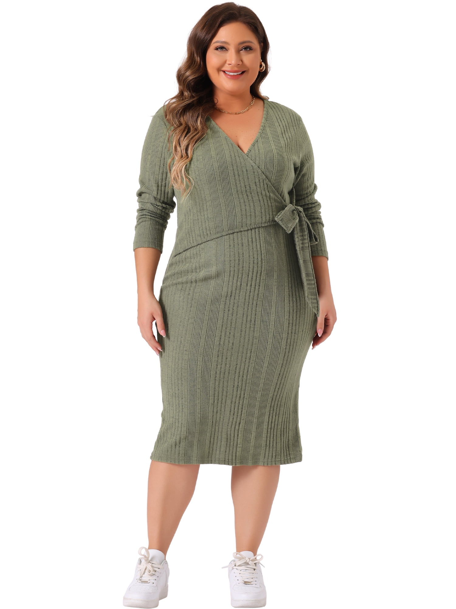 DARING DIVA Plus Size Sexy Wrap V Neck Long Sleeve Midi Dress 2X Green