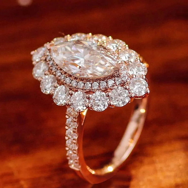 solitaire jewels Art Deco Marquise Moissanite Halo Engagement Ring For Women, 14K Rose Gold