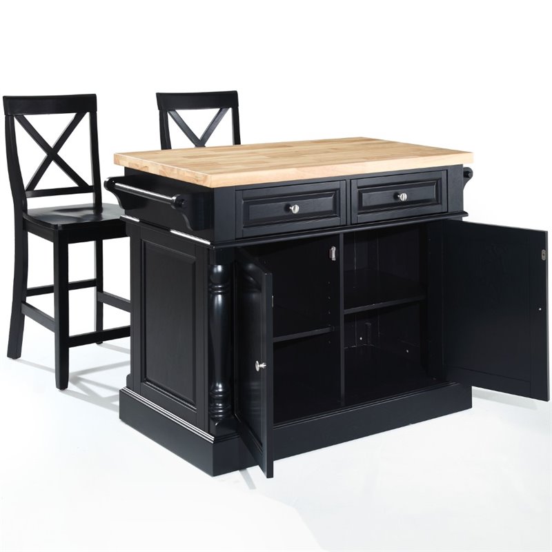Buy Pemberly Row Butcher Block Top Kitchen Island with Stools in Black ...