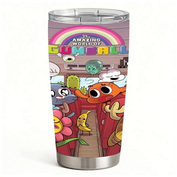 Colorful Cartoon Characters Stainless Steel Tumbler with Lid, Rainbow Theme Double-Wall Insulated Cup