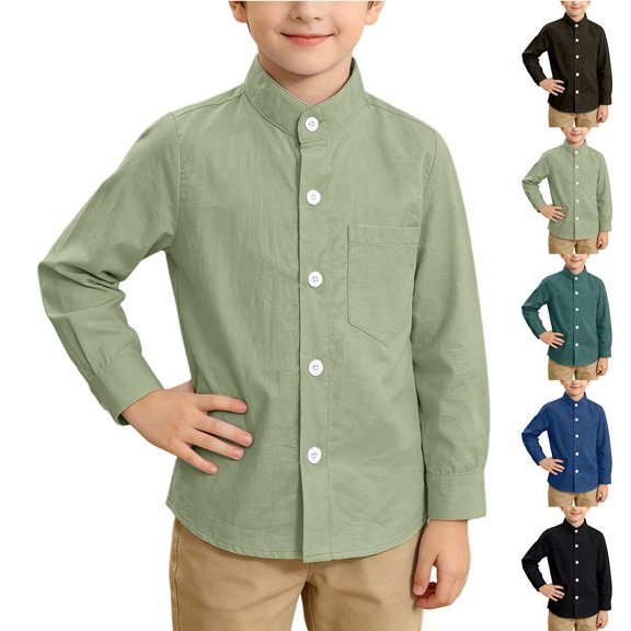 Chiccall Kids Stand Collar Button Up Shirt Solid Color Loose Lightweight Breathable Cotton Everyday Vacation Party Basic Shirts for Boys and Girls