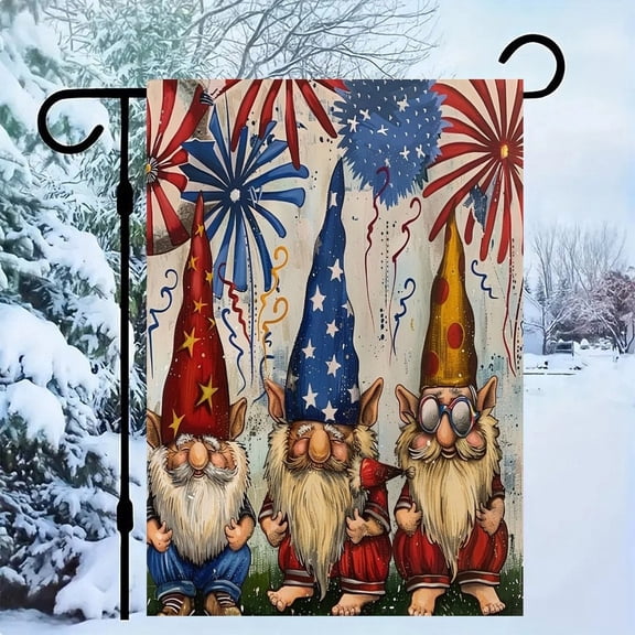 RKSupls Patriotic Linen Double Sided Garden Flag, Independence Day Themed Yard Decor, Gnomes July Fourth Festive Outdoor Banner for Holiday Lawn