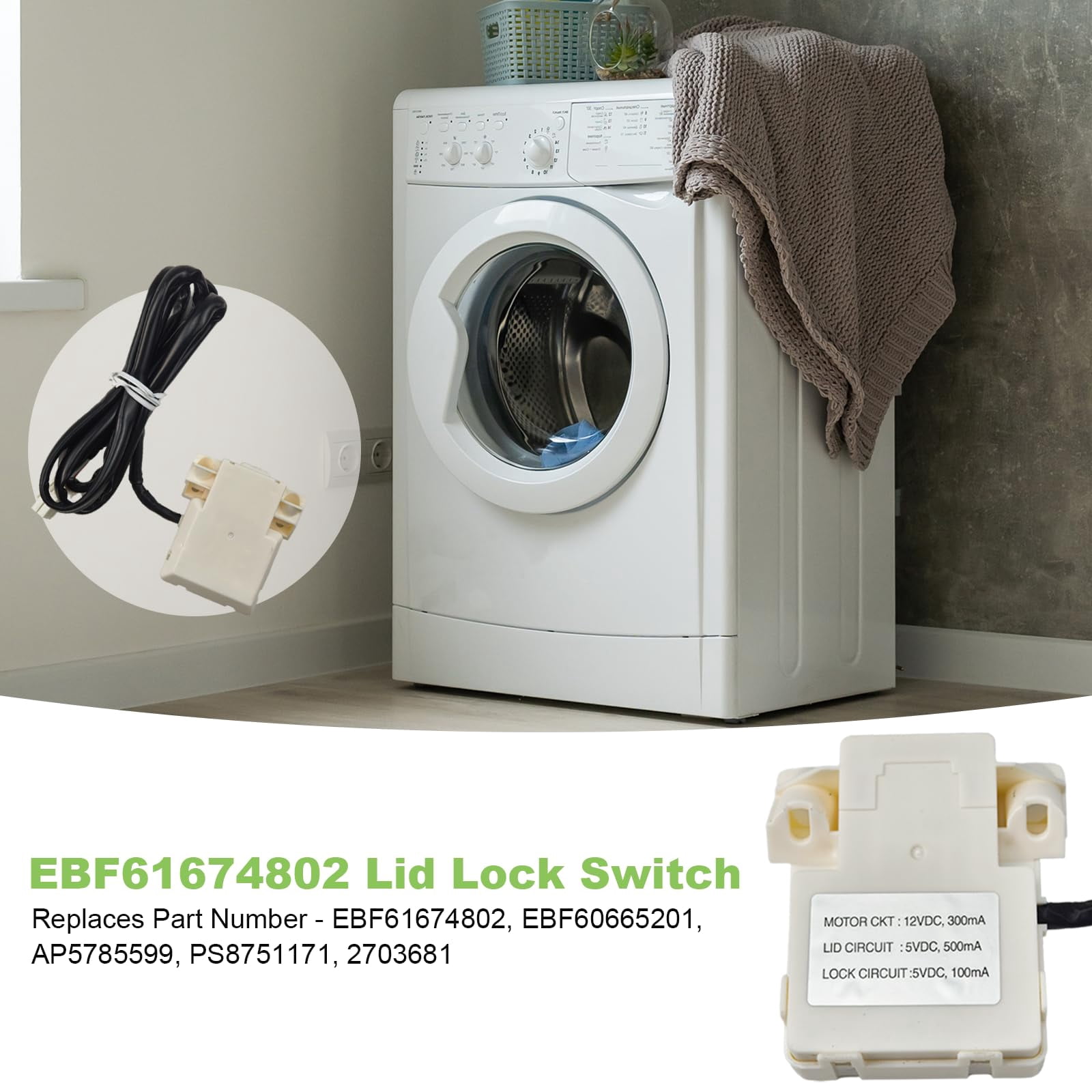 EBF61674802 EBF60665201 Washer Lid Lock Switch Replacement for L.G and Ken.more Washing Machine Replaces PS8751171, AP5785599, 2703681, EAP8751171