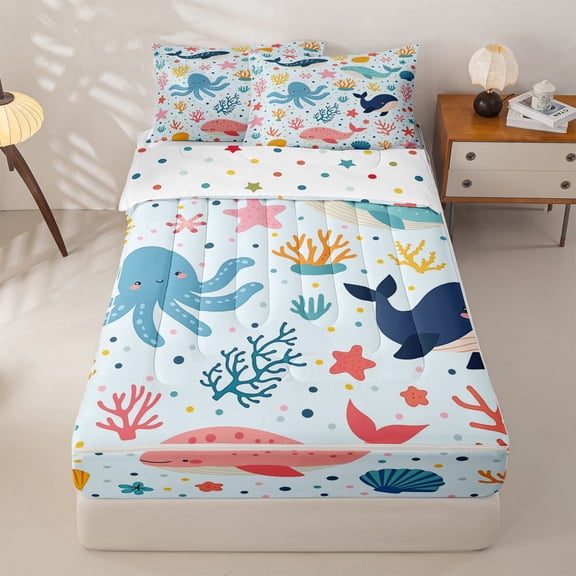 Manfei Cartoon Whale Octopus Coral Starfish Zipper Twin Comforter Sets with Fitted Sheet and 2 Pillowcases for Boys and Girls, Marine Animal Print Zipper Bedding Set, Polka Dots Reversible, 4 Pieces