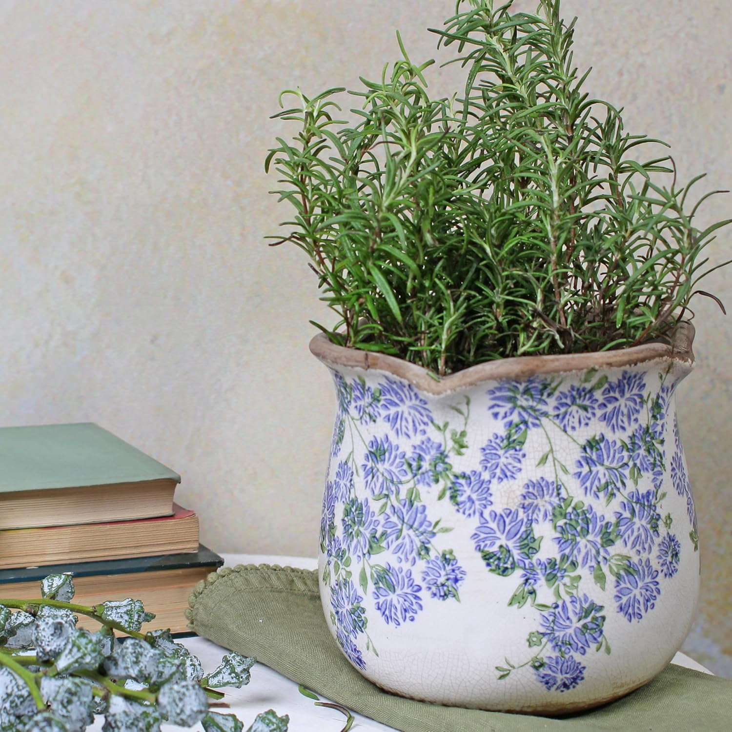 Ceramic Pots for Plants, Vintage Plant Pot with Drainage Hole, 6.11in. Planter for Indoor Plants, Crackle Glaze Finish Flower Pot, Perfect Tuscan Ceramic Planter for Gardening, Antique Blue Meadow