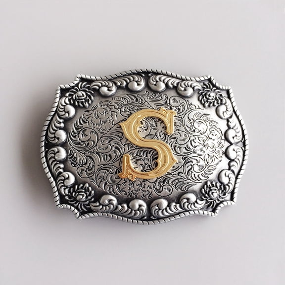 Antique Silver with Gold Initial Letter S Cowboy Cowgirl Western Belt Buckle