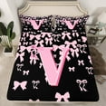 thumbnail image 2 of jejeloiu Initial Letter V Full Size Sheets,Kawaii Bow Bowknot Bed Sheets,Light Pink Black Sheet Sets For Girls,Breathable Bedroom Decoration,4pcs, 2 of 7