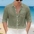 thumbnail image 4 of Men's Linen Shirt Long Sleeve Button Down Casual Lightweight Shirts Stylish Solid Color Loose Blouses with Pocket (L, Army Green), 4 of 7