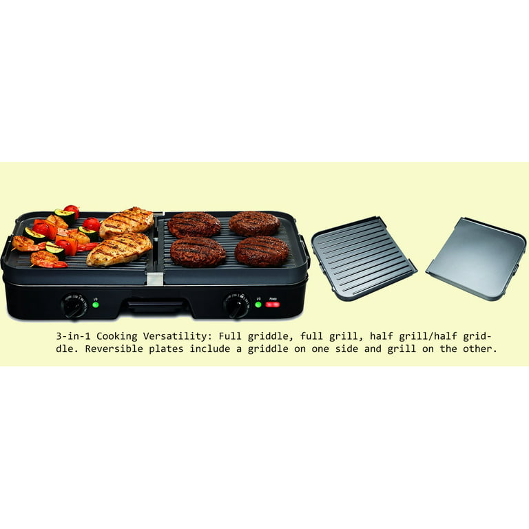 Hamilton Beach 3-in-1 Electric Indoor Grill + Griddle, 8-Serving,  Reversible Nonstick Plates, 2 Cooking Zones with Adjustable Temperature  (38546)