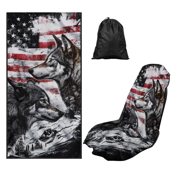 Bulopur American Flag Car Seat Towels Wolf Car Seat Towel Covers with Storage Bag Waterproof Sweat Towel Bucket Seat Covers for Gym Running Swimming Gift for Friends