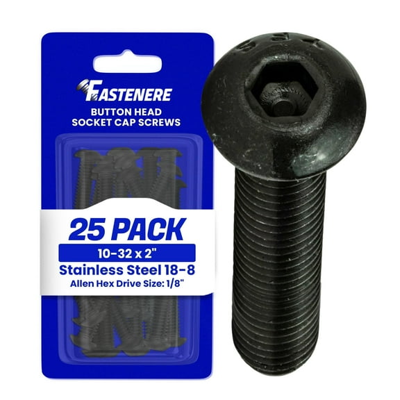 Fastenere Button Head Socket Cap Screws - 10-32 x 2" (25-Pcs) Alloy Steel, Fully Threaded, Fine Black Oxide Finish, Corrosion-Resistant,, Machine Thread, Easy to Install w/ Allen Hex Drive