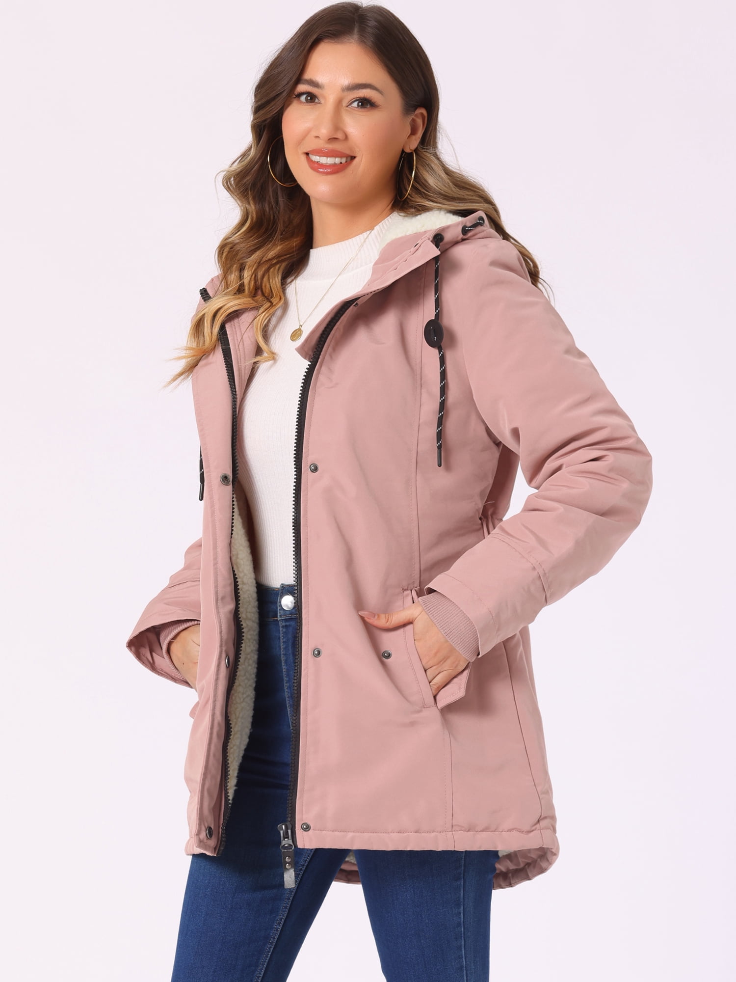 DARING DIVA Women's Winter Coat with Faux Fur Hood and Multiple Pockets L Pink
