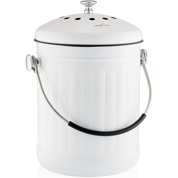 Premium Compost Bin for Kitchen Countertop - Stainless Steel Food Waste Bucket with Innovative Dual Filter Technology - Includes Spare Filters (White, 1.3 Gallon)