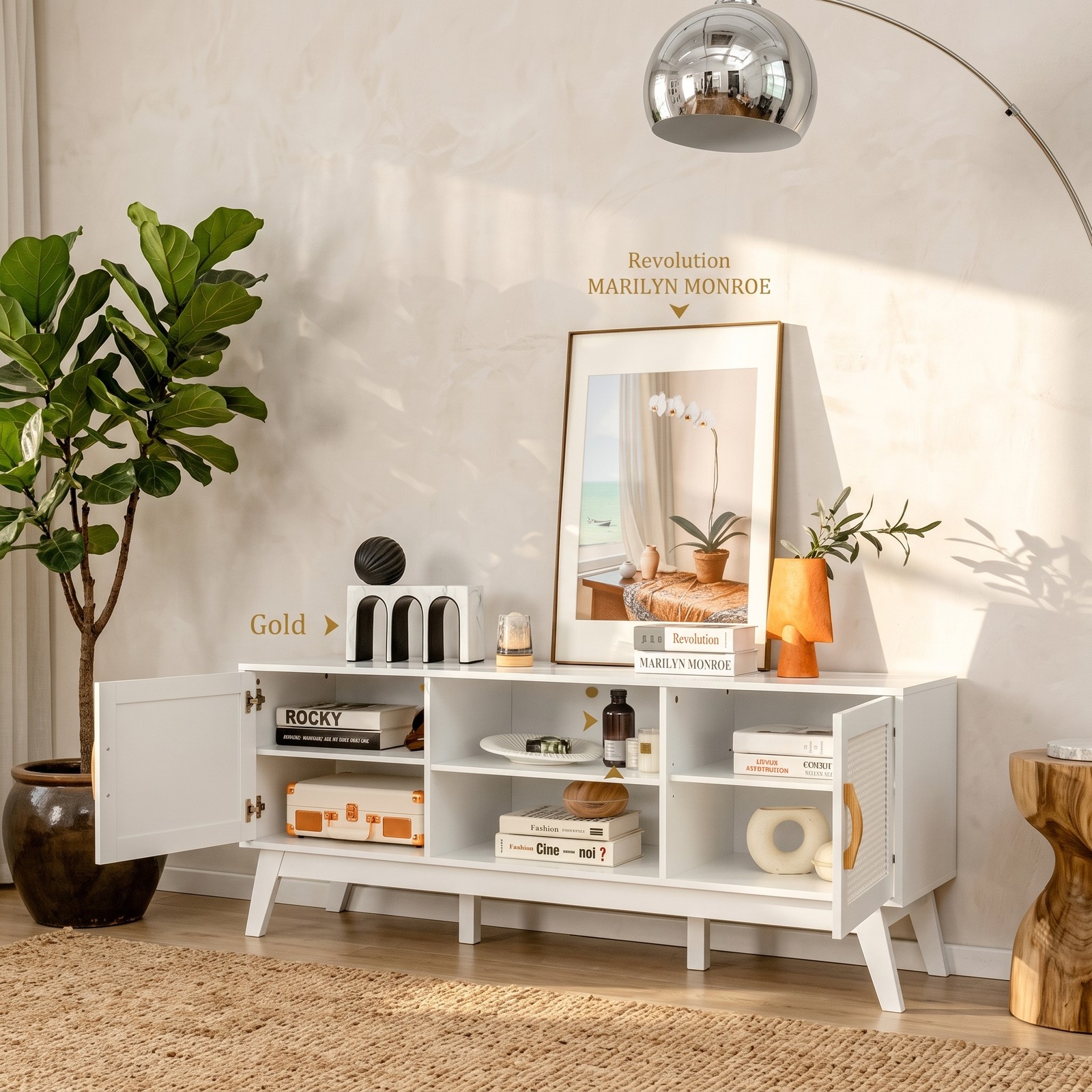 Furnibear TV Stand Entertainment Center Media Console with 2 Rattan Door Cabinets and Open Shelves for TVs up to 65 Inch, Living Room Bedroom Storage Console, White