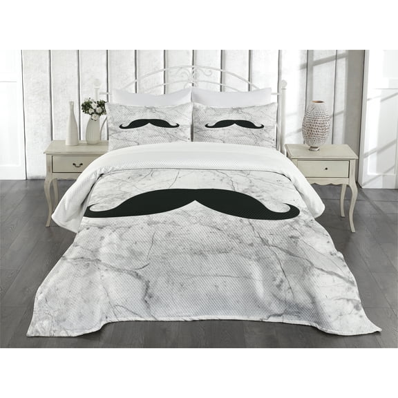 Ambesonne Manly Quilted Bedspread Set 3 Pcs, Mustache Motif Retro, King Size, Grey Black White